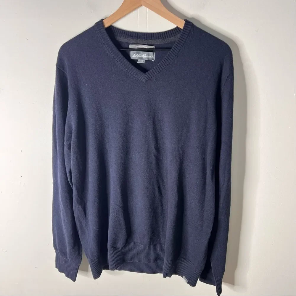 Eddie Bauer Mens Deep Blue V-Neck Sweater Cotton Cashmere Blend size Tall Large